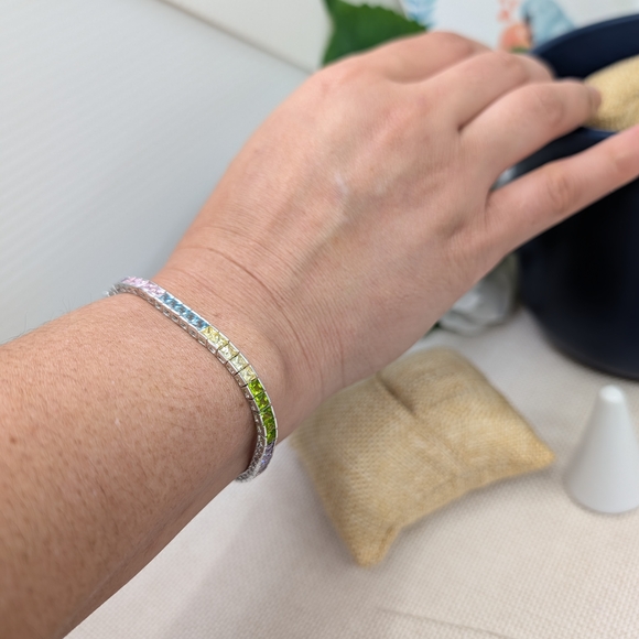 Rainbow CZ Tennis Bracelet Sterling Silver 925 | 7.25" 11.5g - Picture 11 of 12